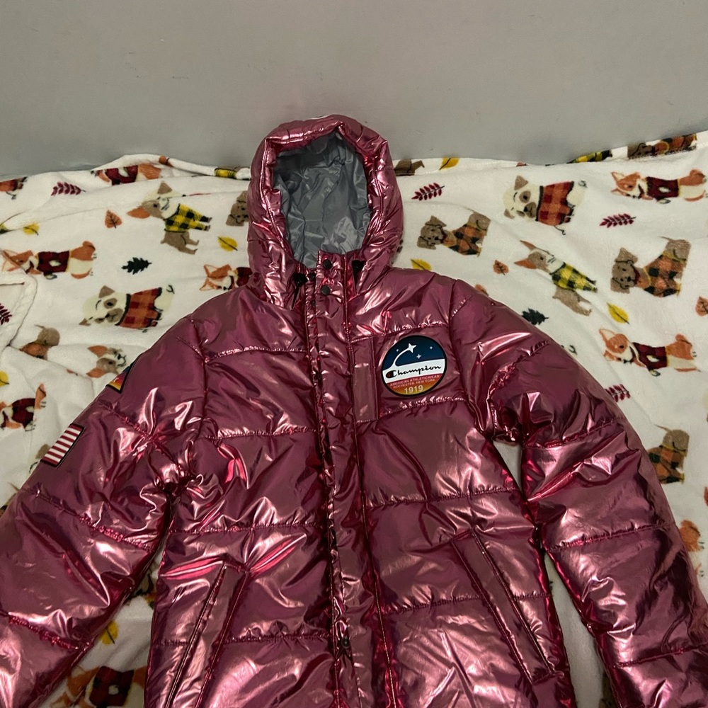 pink metallic champion puffer coat
